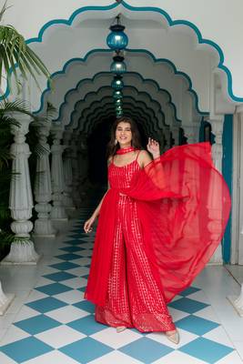 Red long slit top with palazzo 1