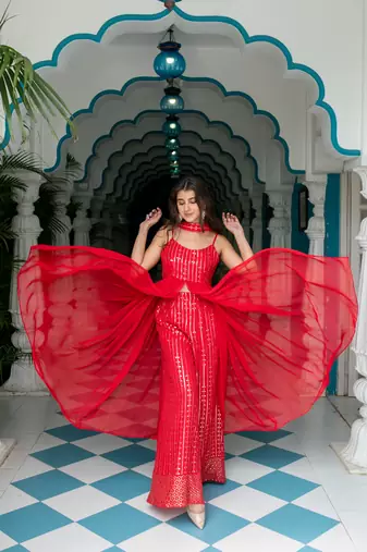Red long slit top with palazzo