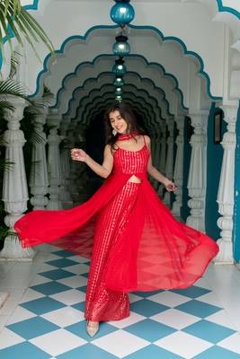 Red long slit top with palazzo 3