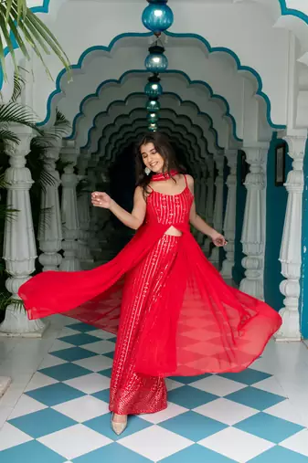 Red long slit top with palazzo
