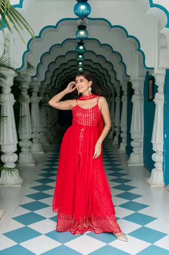 Red long slit top with palazzo
