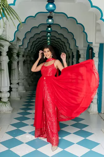 Red long slit top with palazzo