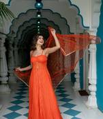 Orange long slit kurta with skirt