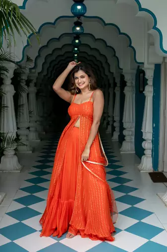 Orange long slit kurta with skirt