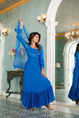 Electric blue choli style gown with dupatta 1