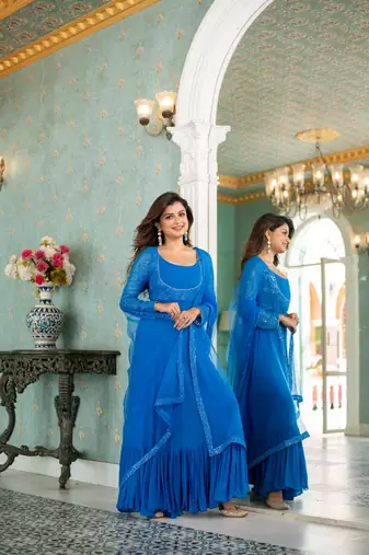 Electric blue choli style gown with dupatta