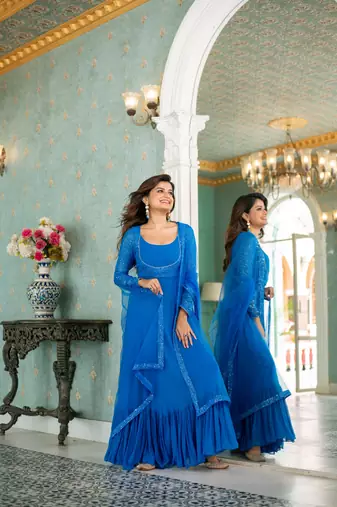 Electric blue choli style gown with dupatta