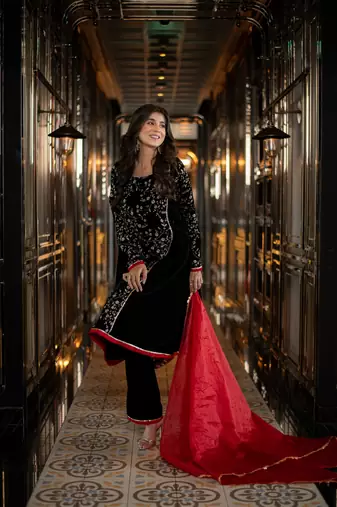 Velvet black pannel kurta set