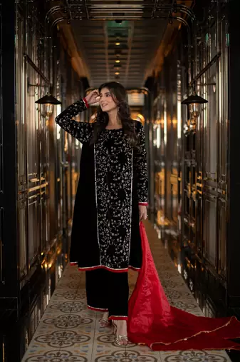 Velvet black pannel kurta set