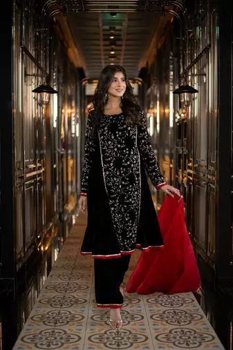 Velvet black pannel kurta set