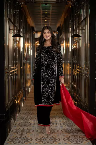 Velvet black pannel kurta set