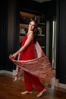 Red velvet salwar with heavy dupatta 3