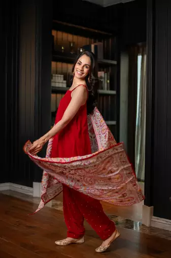 Red velvet salwar with heavy dupatta