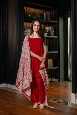 Red velvet salwar with heavy dupatta 4