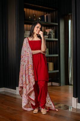 Red velvet salwar with heavy dupatta 5