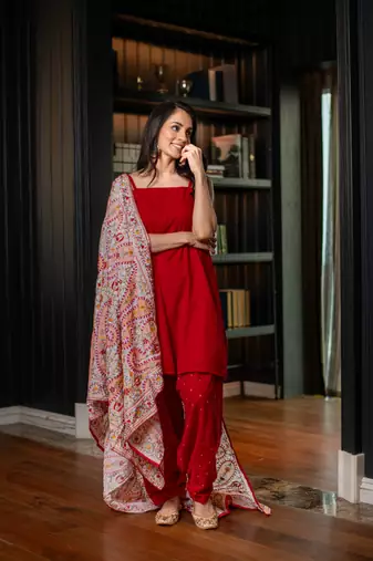 Red velvet salwar with heavy dupatta