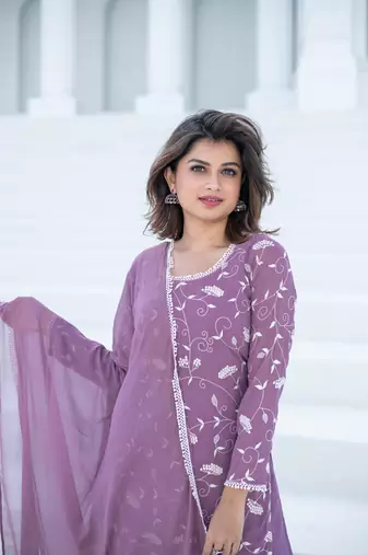 Lilac thread work georgette kurta set