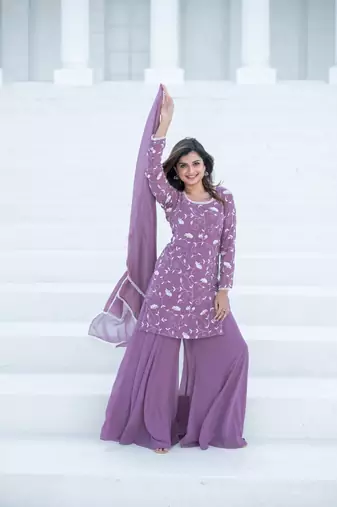 Lilac thread work georgette kurta set