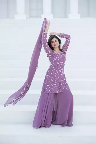 Lilac thread work georgette kurta set