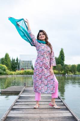 Baby pink self embroidery cotton kurta set 1