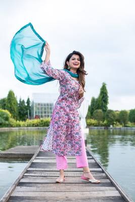 Baby pink self embroidery cotton kurta set 2