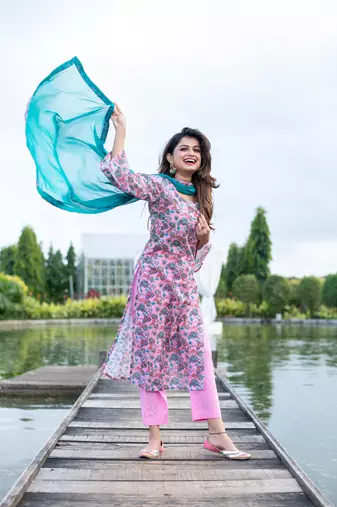 Baby pink self embroidery cotton kurta set