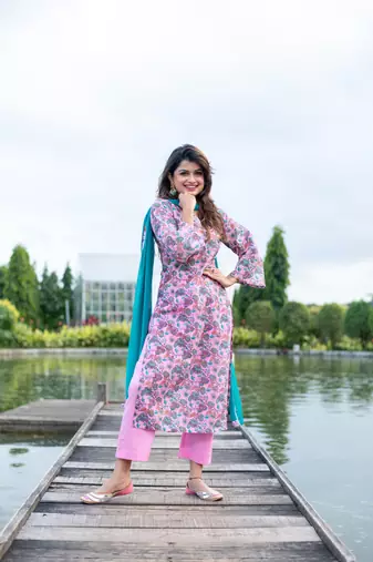 Baby pink self embroidery cotton kurta set