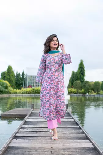 Baby pink self embroidery cotton kurta set