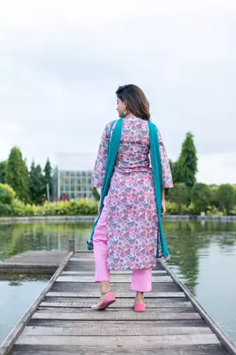 Baby pink self embroidery cotton kurta set