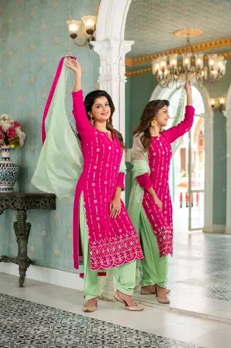 Rani pink and sea green kurta set