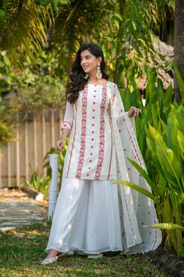 White and red heavy resham thread embroidery 1