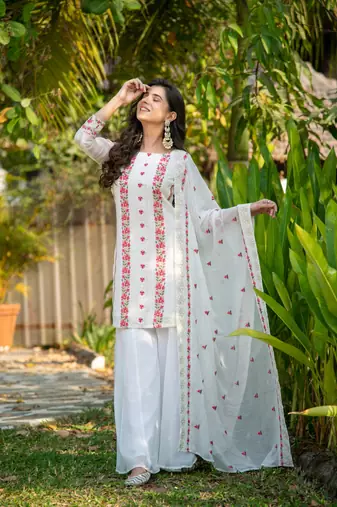 White and red heavy resham thread embroidery