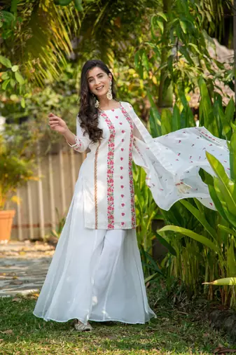 White and red heavy resham thread embroidery
