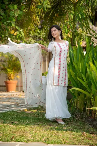 White and red heavy resham thread embroidery