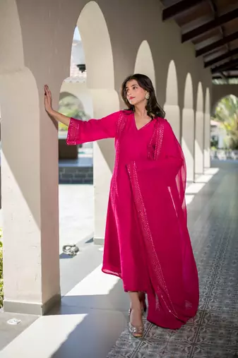 Rani pink chanderi kurta set