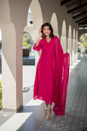 Rani pink chanderi kurta set