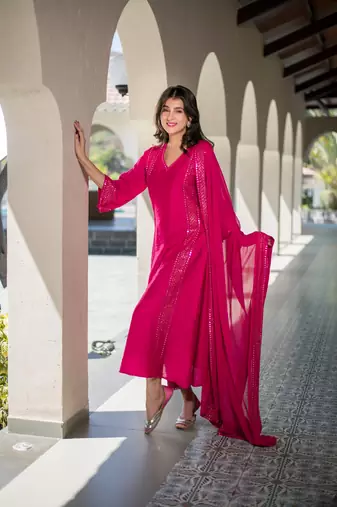 Rani pink chanderi kurta set
