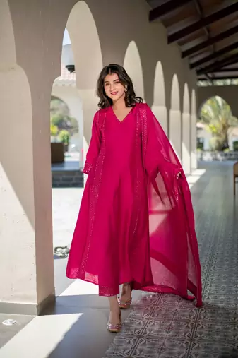 Rani pink chanderi kurta set