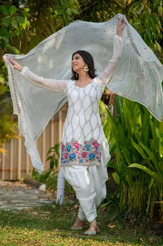 White multi color thread work patiala set