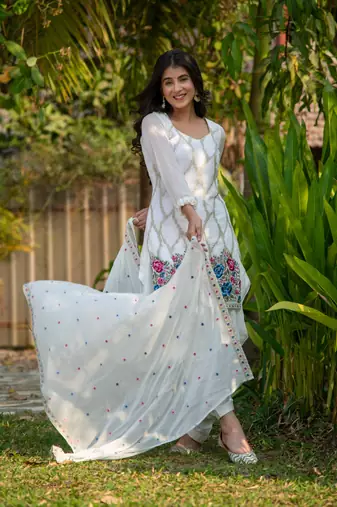 White multi color thread work patiala set