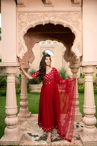 Red and gold anarkali
