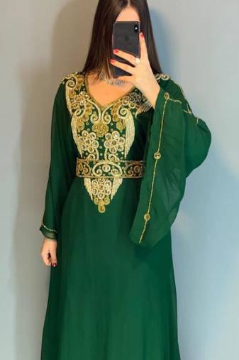 green  Moroccan Dubai Kaftan Arabic Abaya Dress  Fancy Long Gown 