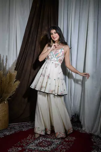 White embroidered kora cotton palazzo set