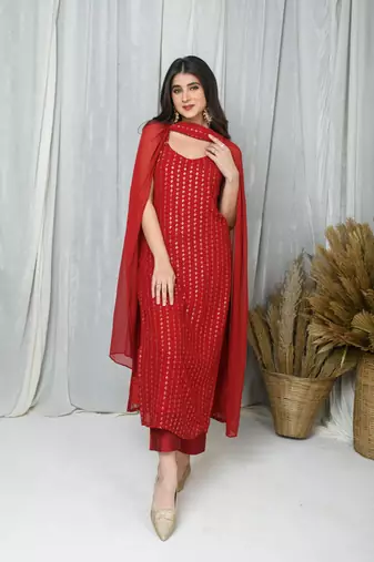 Red straight kurta with chokar dupatta