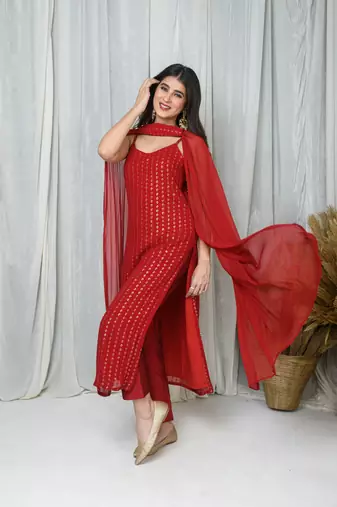 Red straight kurta with chokar dupatta