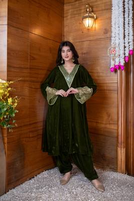 Dark olive sequin work bell sleeves co-ord set 1
