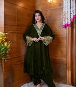 Dark olive sequin work bell sleeves co-ord set