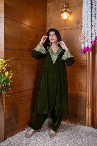 Dark olive sequin work bell sleeves co-ord set