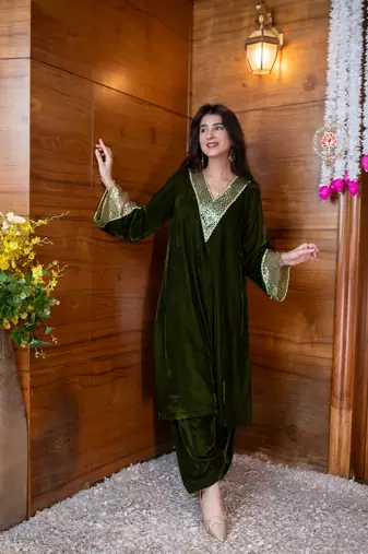 Dark olive sequin work bell sleeves co-ord set