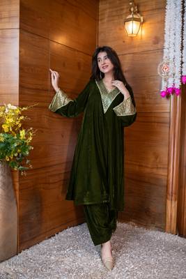 Dark olive sequin work bell sleeves co-ord set 4